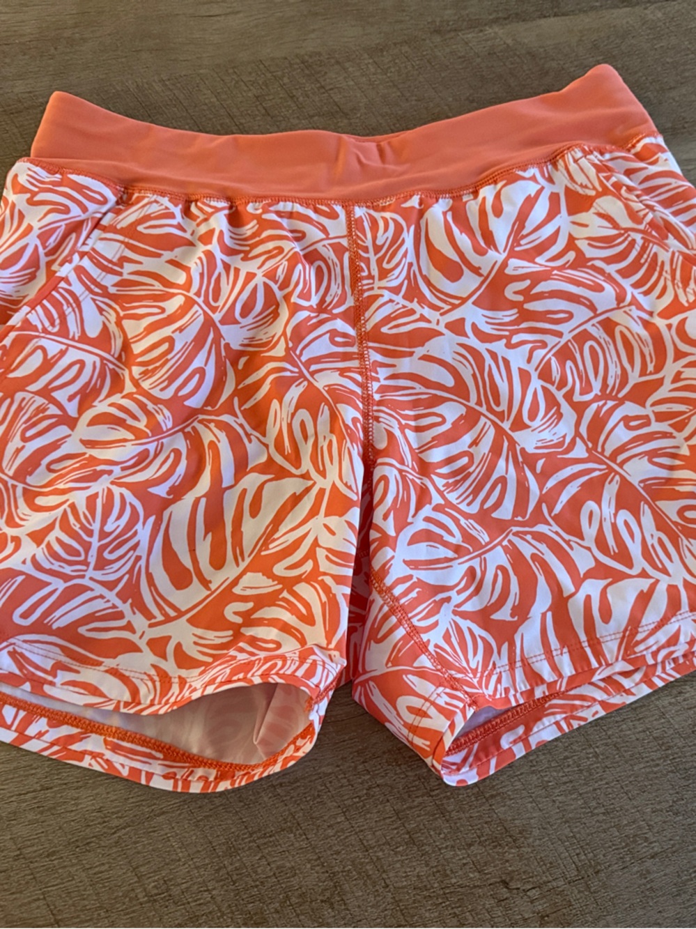 Lands' End Coral & White Leaf-Print Athletic Shorts